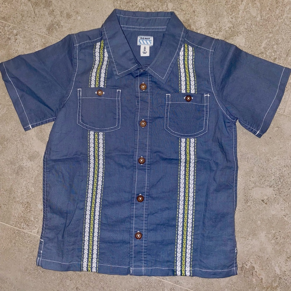 Guayabera Dressy Button, Vintage Denim color, Embroidered front, Linen Blend 5T